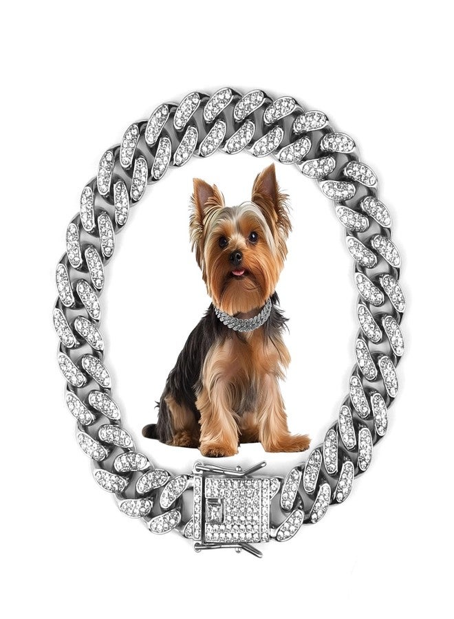 OXDFK Cuban Dog Chain Collars, Silver Crystal Pet Necklace, Metal Pet Necklace with Safety Buckle Lock, for Small Medium Large Dogs Cats (10 Inch) - Image 1